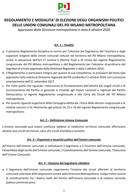 Regolamento Unioni comunali PD Milano metropolitana